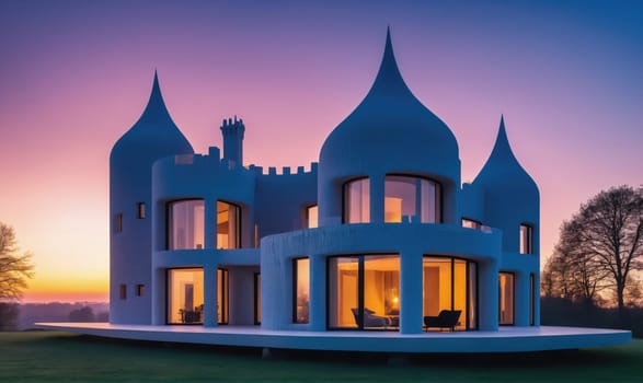 A white house with a unique castle-like design and many large windows sits on a green grassy hill at sunset. The sky is a vibrant purple and pink, and the sun is setting behind the house.
