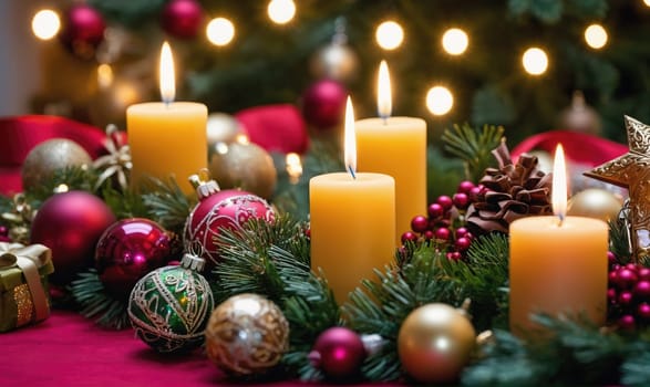 Four candles are lit and surrounded by ornaments, pinecones, and sprigs of evergreen in a festive arrangement. The table is covered in red fabric.