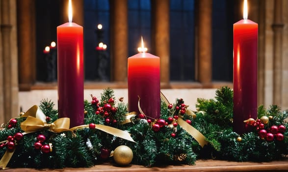 Three tall red candles, each with a flame, are placed within a wreath of evergreen boughs and red berries. The candles are surrounded by gold bows and ornaments