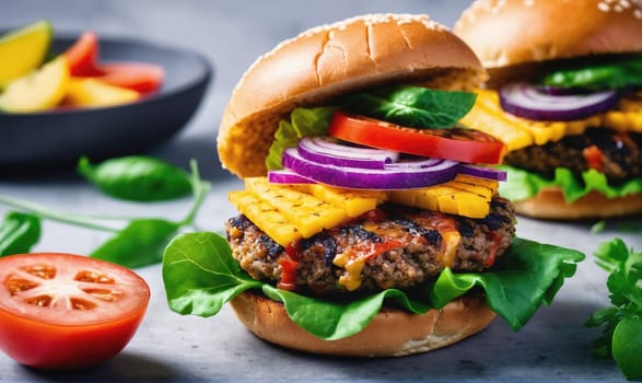 A grilled hamburger with cheese, lettuce, tomato, red onion, and grilled pineapple on a bun.