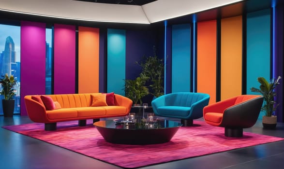 A contemporary living room featuring a large orange sofa, two armchairs in teal and red, and a round black coffee table