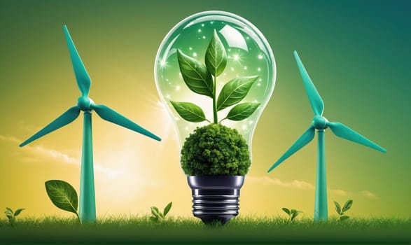 Two wind turbines stand in a field of grass and small plants, with a large lightbulb in the center containing a green plant growing inside it.