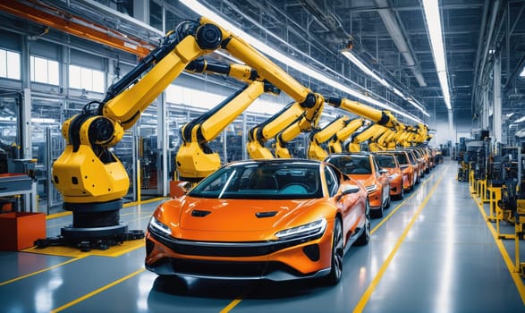 A line of robotic arms in a large factory setting are working on an assembly line. An orange car is being built, and the arms are moving in a synchronized manner to complete different tasks.