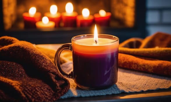 A single candle, burning brightly, is placed in a clear mug. The candle is layered with orange and purple wax