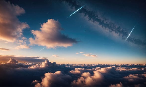 A view from high in the air, looking down at a sea of clouds. The sky is a vibrant blue with streaks of light, possibly from airplanes or satellites, crossing through it