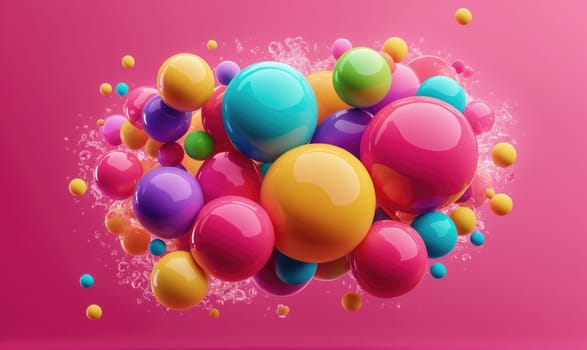 A collection of shiny, colorful spheres floats against a pink background. Some of the spheres are larger than others and some are floating in a spray of water.