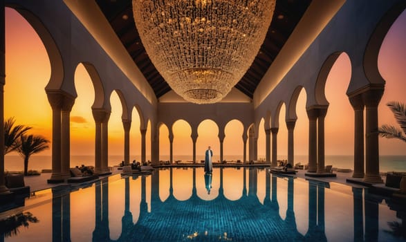 A man is standing in the middle of a large, rectangular pool. The pool is surrounded by white pillars, arches, and a chandelier. The setting sun casts a warm glow on the water.