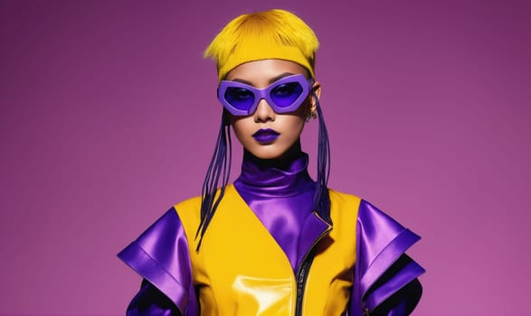 A woman with yellow hair styled in a short, choppy cut is wearing a yellow and purple outfit