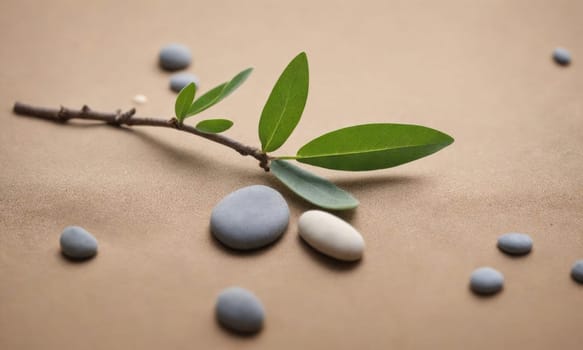 A small twig with leaves rests on a beige surface. There are multiple gray and white stones scattered around the twig.