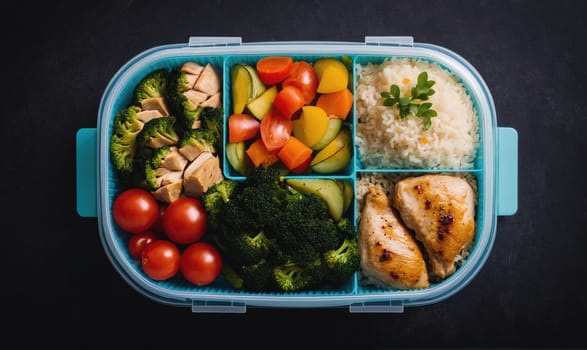 A blue lunch container is filled with a balanced and healthy meal. There is grilled chicken, broccoli, cherry tomatoes, carrots, and rice.