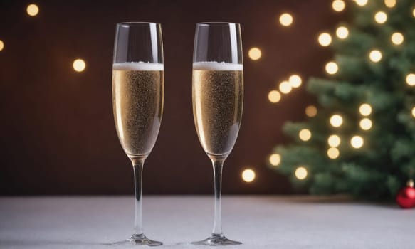 Two glasses of champagne are filled to the brim, sitting side by side on a white table. Behind them, a Christmas tree with white lights is out of focus.