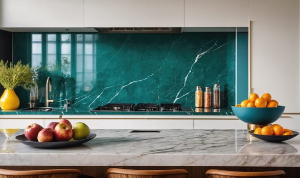 A kitchen countertop is shown with a marble finish. It has a teal marble backsplash above with a stove. There are bowls of fruit on the counter.
