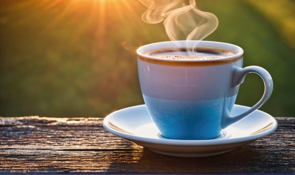 A steaming cup of coffee rests on a wooden railing. The coffee cup is blue and white with a saucer, and steam rises from the top of the cup. The sun shines in the background, illuminating the scene.