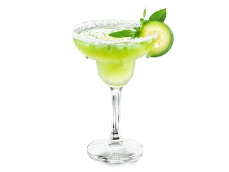 Feijoa soda in a margarita glass feijoa slices and mint leaves vibrant green splash in. Drink isolated on transparent background.