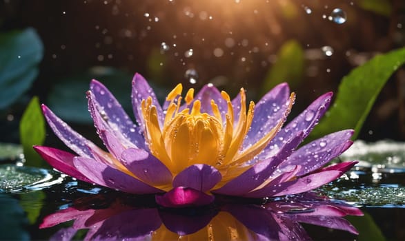 A beautiful purple and yellow flower with droplets of water on it. The flower is surrounded by green leaves and the water is reflecting the flower