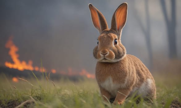 A brown rabbit with long ears sits in a grassy field. The rabbit is looking directly at the camera. In the background, there is a fire burning in the distance.