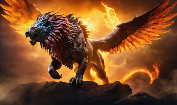 A mythical creature, a lion with wings, is standing on a rocky ledge. The creature is surrounded by orange and yellow flames and smoke.