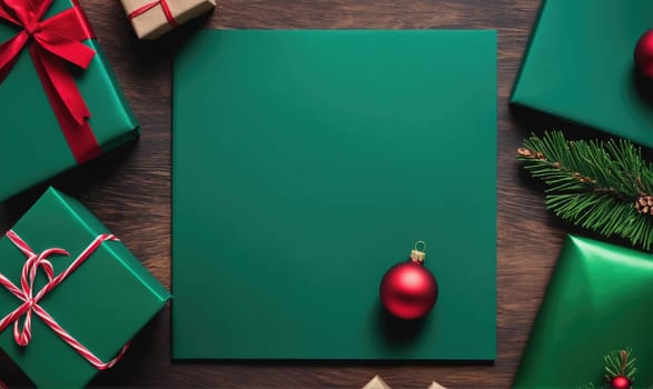 A flat lay of Christmas gifts, ornaments, and greenery on a wooden surface. The focal point is a green card with a single red ornament centered on it.