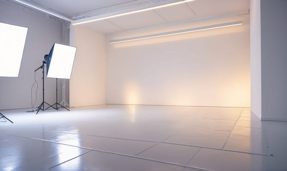 A white, empty studio space with white walls and a white tiled floor. There are two softboxes on light stands, along with overhead lights.