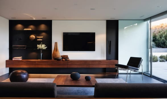 A modern living room with a large flat-screen television mounted on a white wall, a wooden entertainment center with shelves and a black chair