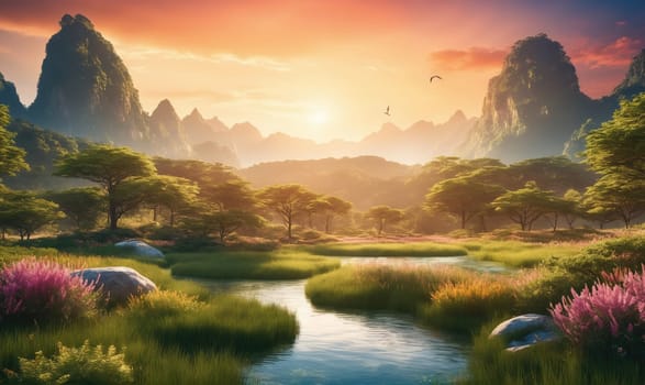 A peaceful scene with a river meandering through a valley, surrounded by trees and grasslands. Two birds fly in the sky, and the sun sets over the distant mountains