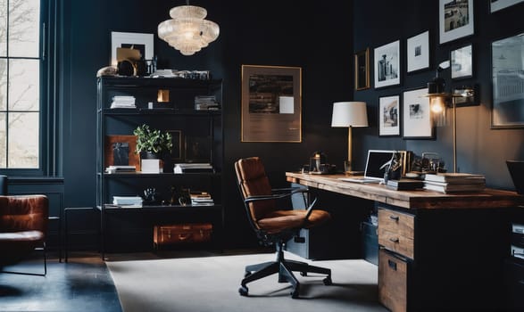 A dark office with a wooden desk and a leather chair sits in front of a window. The walls are adorned with pictures and artwork. A lamp sits on the desk next to a laptop.