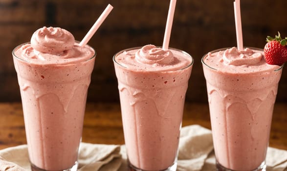Three glasses of pink milkshakes with whipped cream on top. Each milkshake has a straw and the one on the right also has a strawberry garnish
