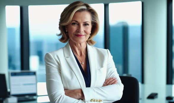 A woman with short, blond hair is standing in a modern office with a white desk and a black office chair behind her