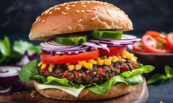 A black bean burger sits on a wooden cutting board. The burger is topped with lettuce, tomato, red onion, and cucumber slices