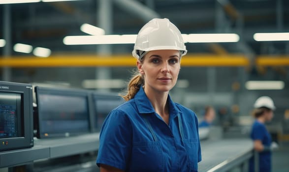 A woman wearing a white hard hat and a blue uniform stands in a factory setting, looking directly at the camera. Behind her are several computer monitors and a blurred view of other workers.