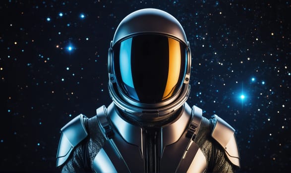 An astronaut, wearing a silver space suit and helmet with a reflective visor, stands in front of a starry night sky.