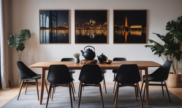 A modern dining room with a wooden table and black chairs. The wall above the table is decorated with three framed photographs
