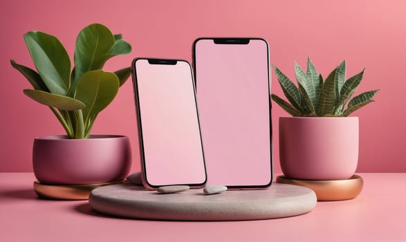 Two smartphones sit on a gray stone base with two potted plants on either side on a pink background