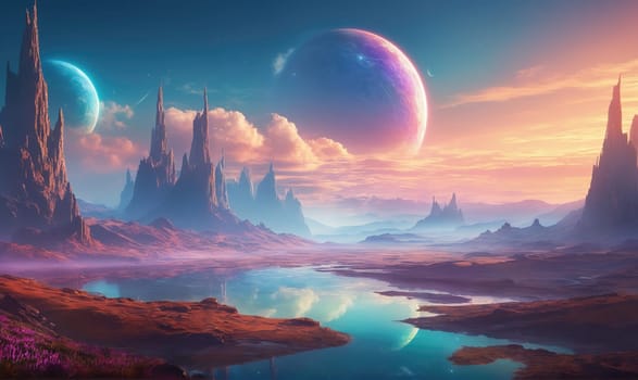 A vast alien landscape with towering rocky formations, a long winding lake, and a hazy sunset. Two large moons, one with a pink and purple hue, hang in the sky.