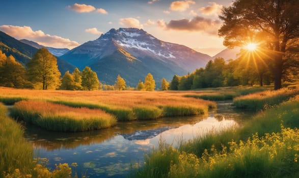 A winding river flows through a grassy meadow, with a backdrop of majestic mountains. The sun sets behind a large tree, casting long shadows across the landscape.