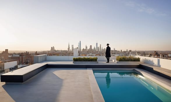 A man in a black coat and hat stands on a rooftop deck overlooking a city skyline. There is a rectangular swimming pool on the deck.