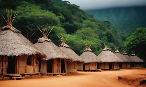 A row of thatched huts with bamboo walls are built on a dirt path in front of a lush jungle.