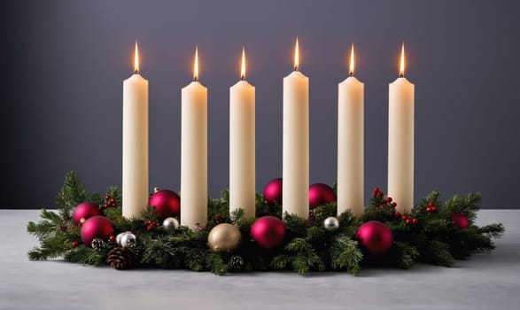 A wreath of evergreen branches, red ornaments, and pine cones surrounds six lit candles. The candles are white and stand upright in the wreath. The background is a plain gray wall.