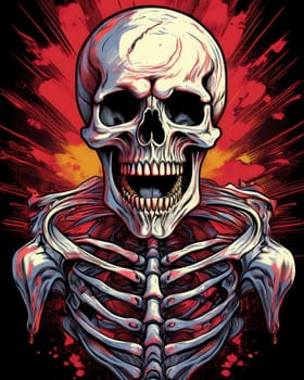 Horror theme skeleton screaming into the void. Creepy open-mouthed skull with abstract background. Nightmarish skull-like creature in vibrant, gory colors.