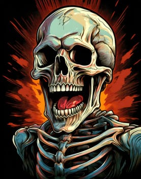 Horror theme skeleton screaming into the void. Creepy open-mouthed skull with abstract background. Nightmarish skull-like creature in vibrant, gory colors.