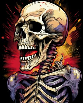 Horror theme skeleton screaming into the void. Creepy open-mouthed skull with abstract background. Nightmarish skull-like creature in vibrant, gory colors.