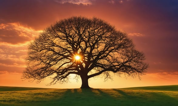 The image captures a large, bare-branched tree silhouetted against a dramatic sunset