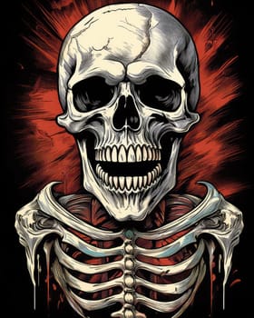 Horror theme skeleton screaming into the void. Creepy open-mouthed skull with abstract background. Nightmarish skull-like creature in vibrant, gory colors.