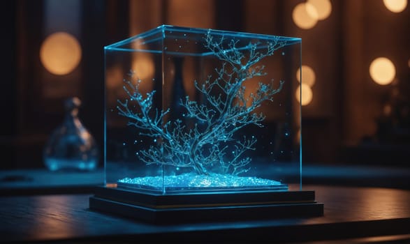 A glass cube sits on a wooden surface in a dark room with warm, blurry lighting. Inside the cube is a small, blue, glowing tree. It appears to be made of metal with a light source shining from below.