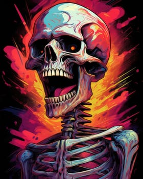 Horror theme skeleton screaming into the void. Creepy open-mouthed skull with abstract background. Nightmarish skull-like creature in vibrant, gory colors.