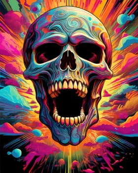 Horror theme skeleton screaming into the void. Creepy open-mouthed skull with abstract background. Nightmarish skull-like creature in vibrant, gory colors.