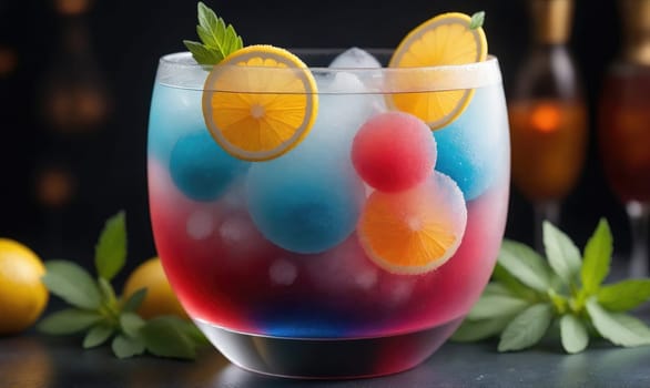 A glass bowl filled with a red and blue layered drink, garnished with lemon slices and mint leaves. The bowl sits on a dark surface with ice cubes, lemon slices, and green leaves around it.
