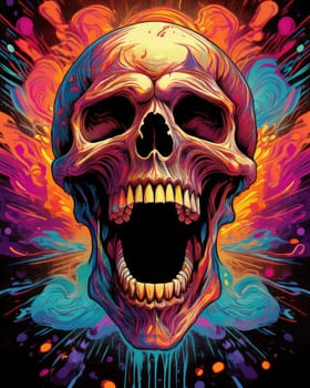 Horror theme skeleton screaming into the void. Creepy open-mouthed skull with abstract background. Nightmarish skull-like creature in vibrant, gory colors.