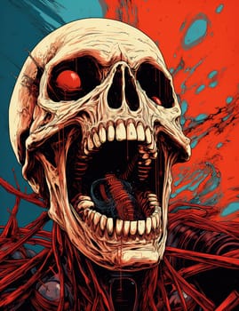 Horror theme skeleton screaming into the void. Creepy open-mouthed skull with abstract background. Nightmarish skull-like creature in vibrant, gory colors.