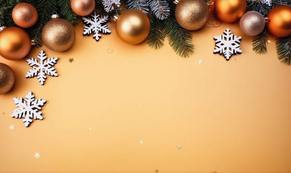 A flat lay of gold Christmas ornaments and white snowflakes arranged in a diagonal line across the top of a yellow surface. There is room for text in the center of the image.